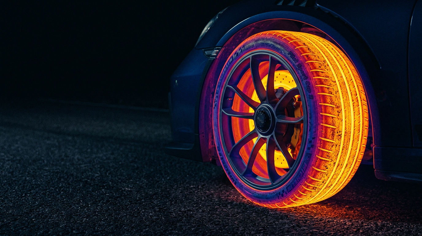 A tire at full operating temperature, seen through a thermal camera