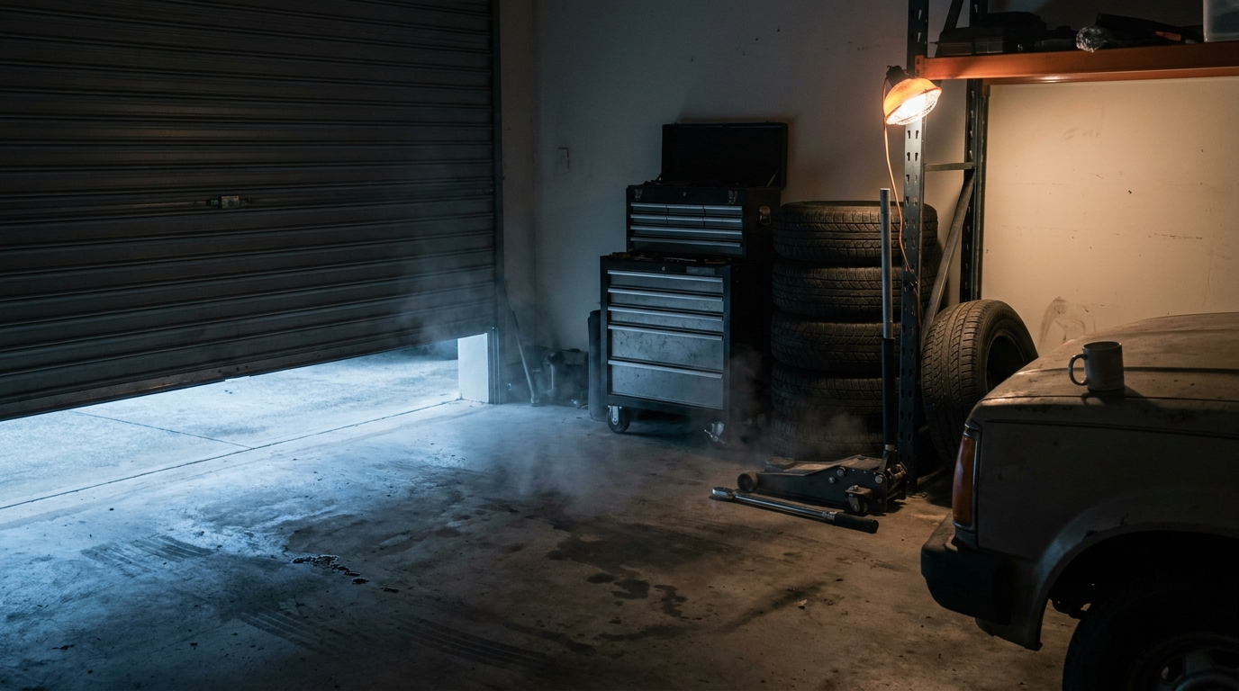 A home garage at 6am, cold dawn light meeting a single work lamp