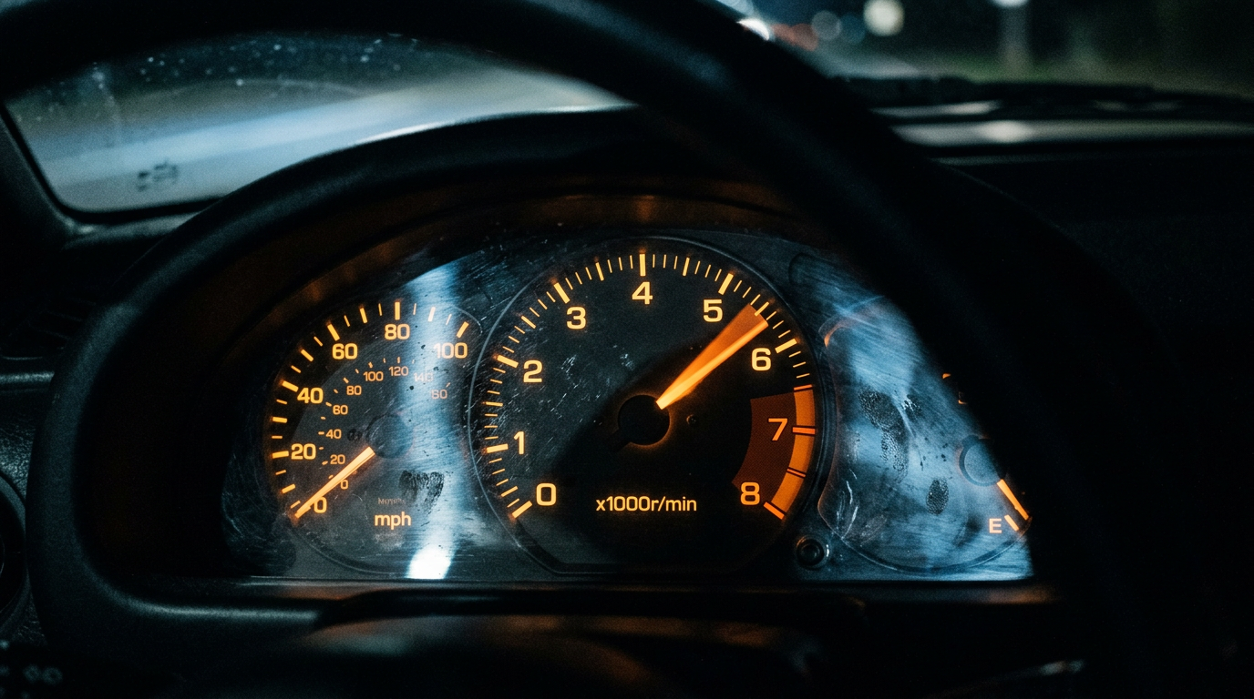 Analogue gauge cluster lit amber at night