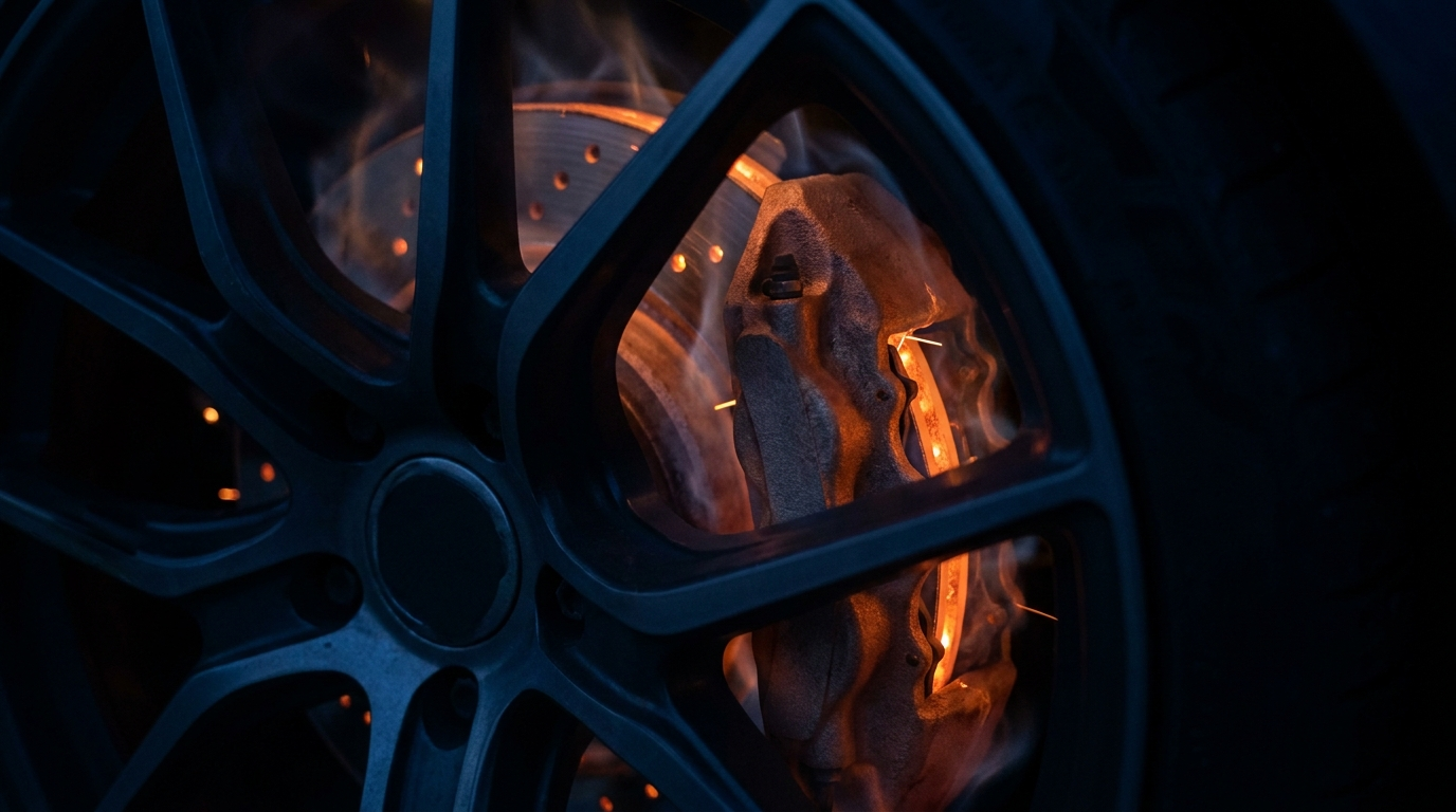 Brake rotor glowing with heat behind a wheel at night